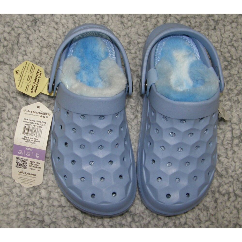 JOYBEES Girls Child Sz 12 Blue Removeable Faux Fur Liners Slip On Clog Shoes NEW